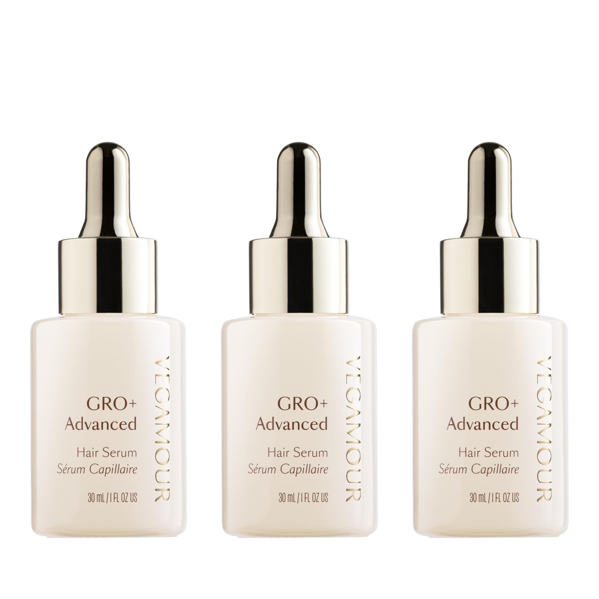VEGAMOUR GRO+ Advanced Serum bottle shows a lightweight formula for scalp hydration.