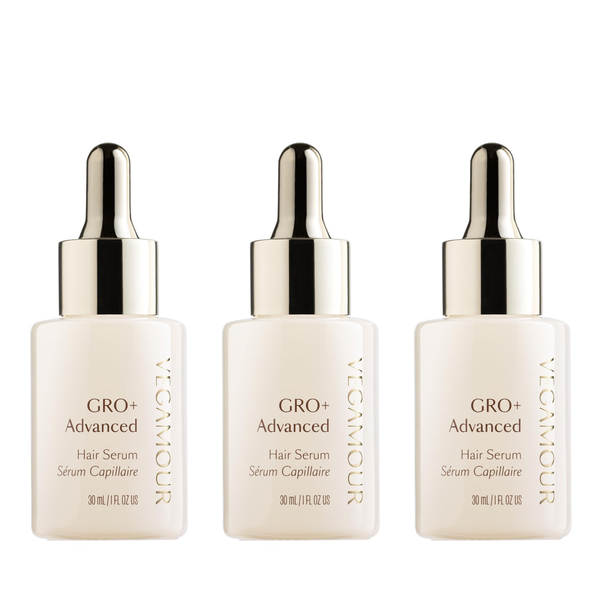VEGAMOUR GRO+ Advanced Serum bottle shows a lightweight formula for scalp hydration.
