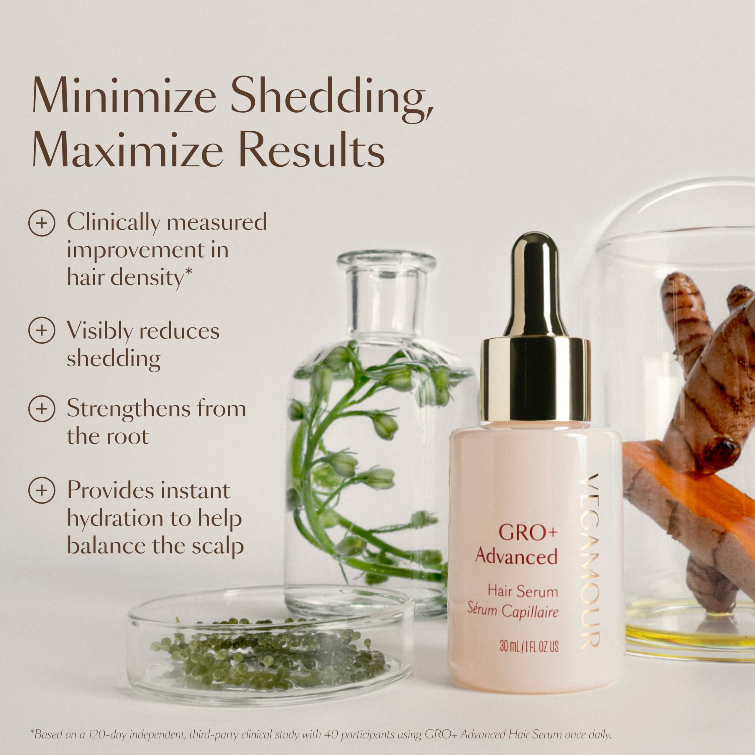 VEGAMOUR GRO+ polyphenol actives highlight antioxidant-rich scalp care.