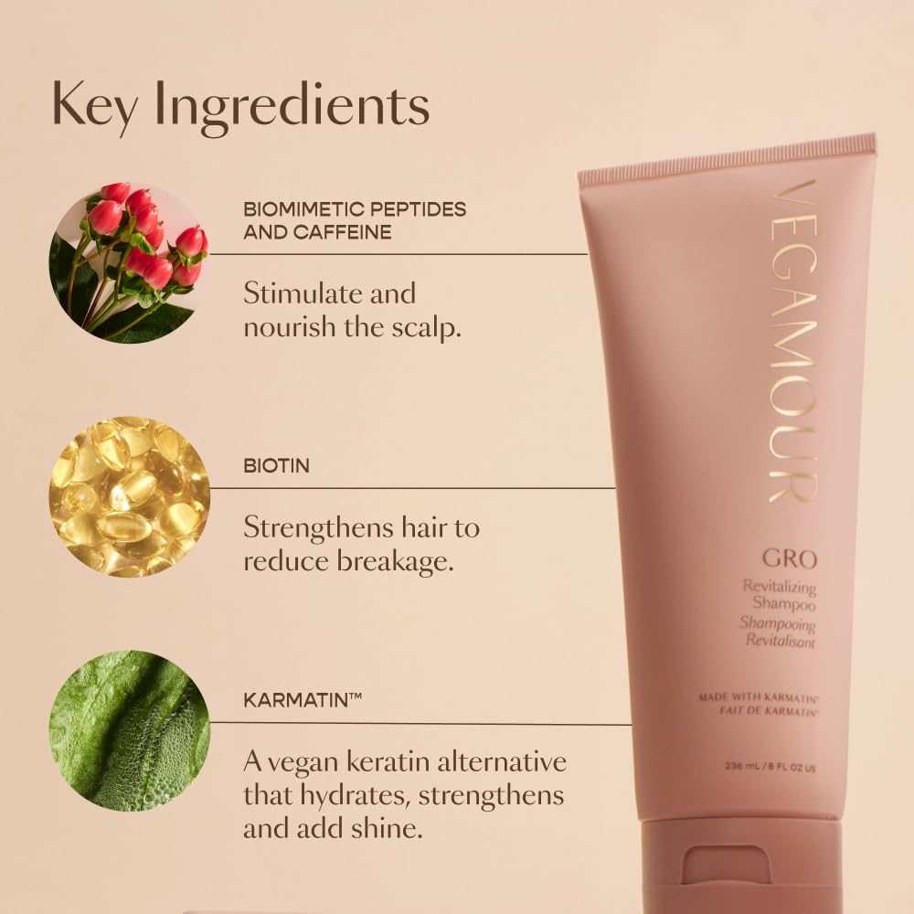 VEGAMOUR GRO Revitalizing Shampoo bottle with application gesture indicates an easy three-step routine