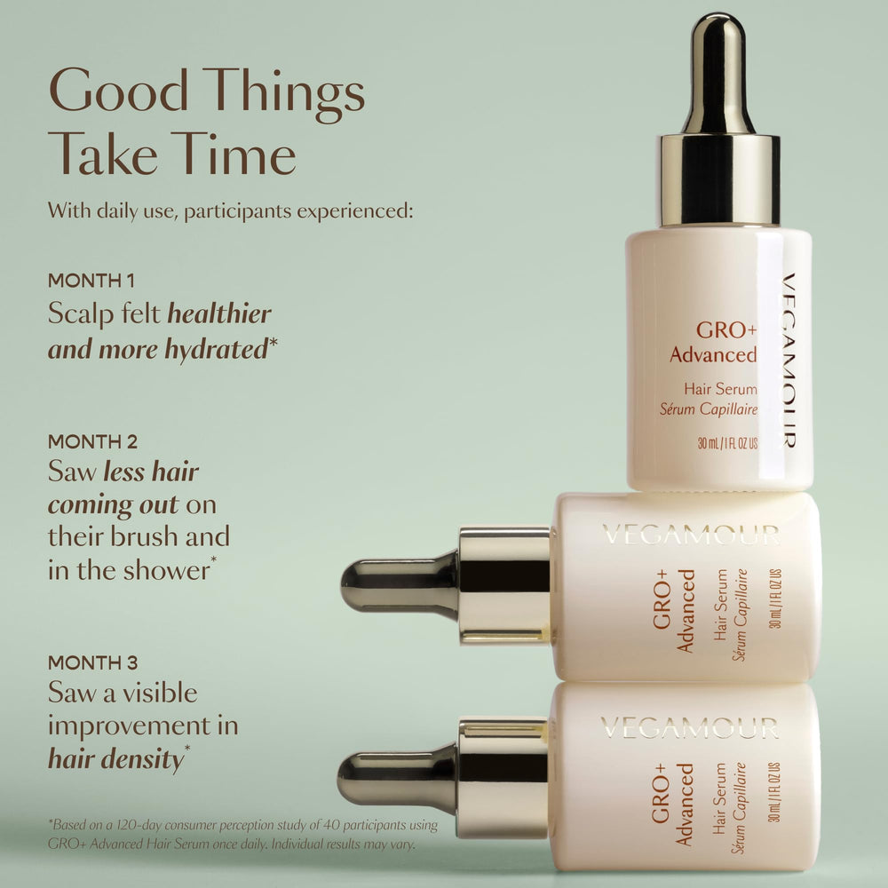 Applying VEGAMOUR GRO+ serum on scalp during morning routine