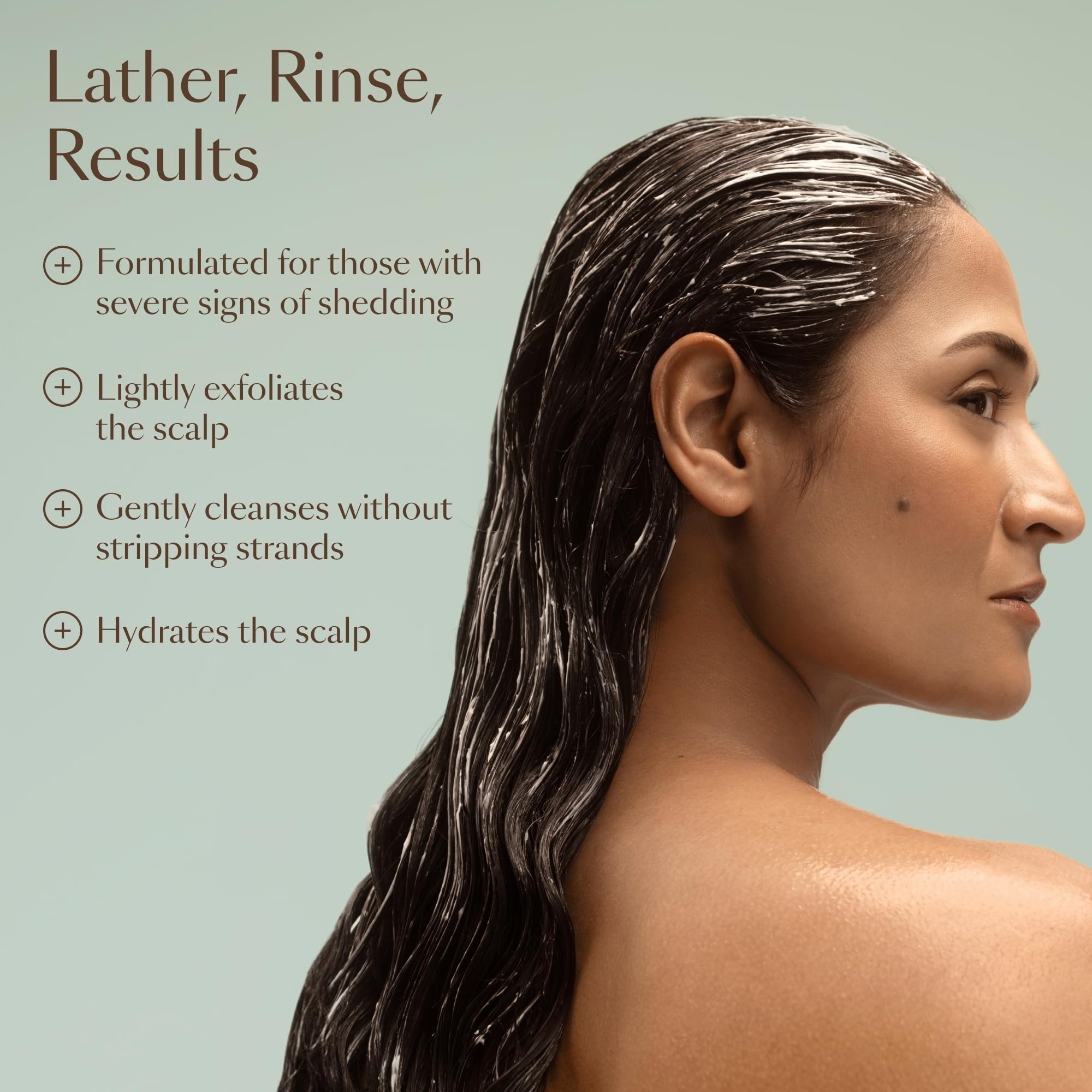 Applying GRO+ Balance on wet hair demonstrates cleansing and mild exfoliation.