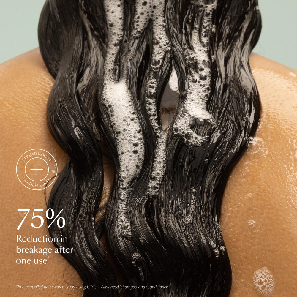 Close-up of GRO+ Balance lather showing gentle exfoliation for the scalp.