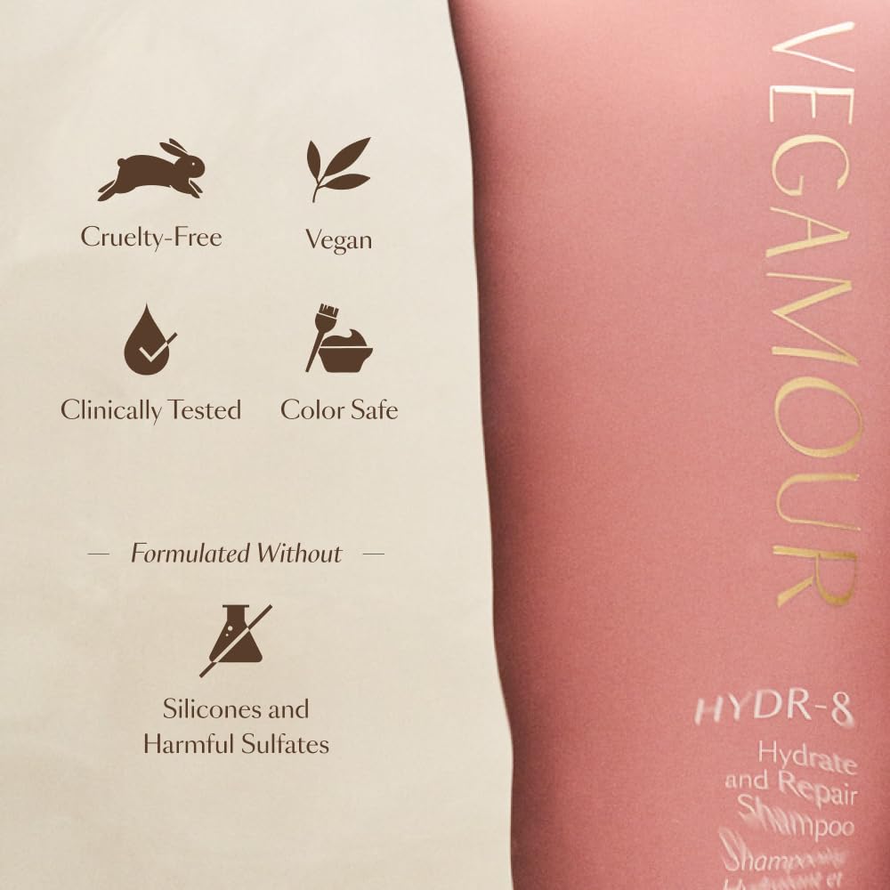 VEGAMOUR HYDR-8 clean ingredients panel communicates free from sulfates.