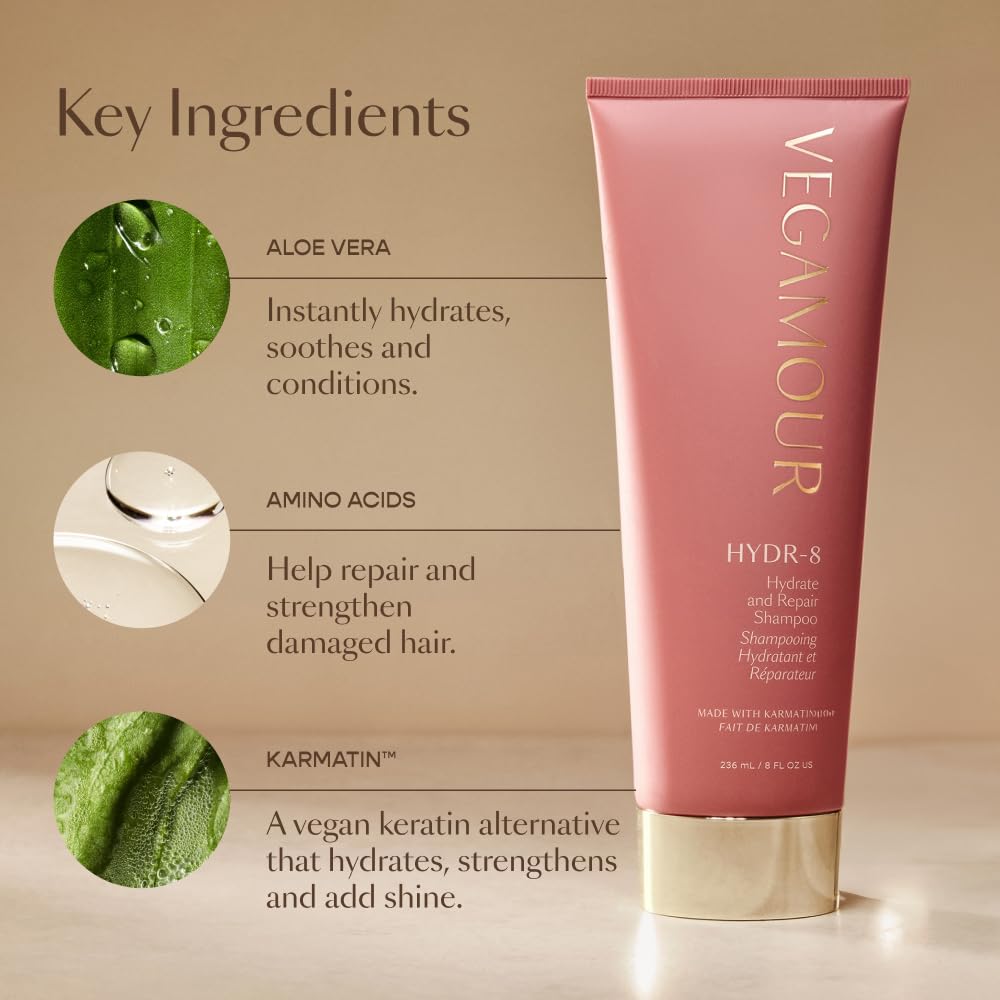 VEGAMOUR HYDR-8 vegan keratin graphic illustrates stronger strands.