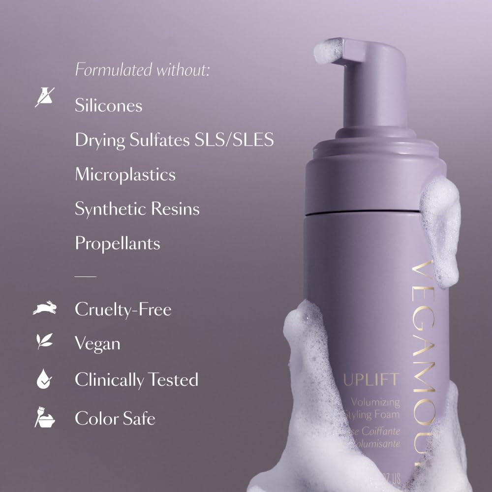 VEGAMOUR UPLIFT soft finish emphasizes touchable, non-crunchy hair.