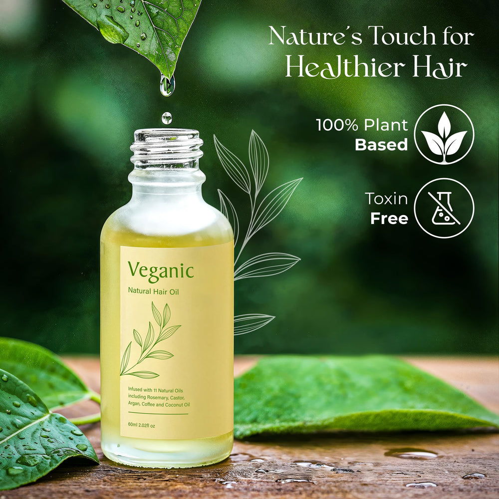 Veganic hair growth oil texture shown as lightweight, non-greasy.