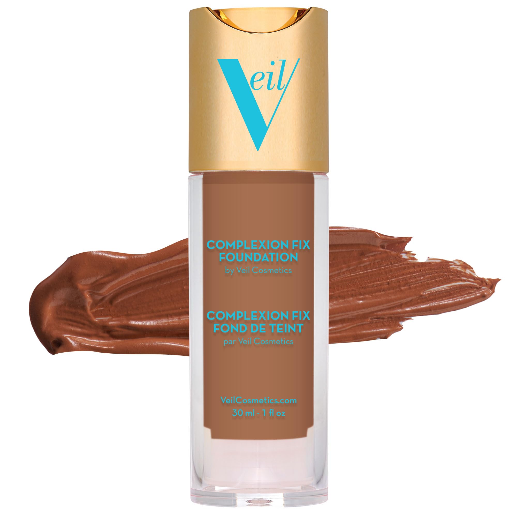Veil Cosmetics Complexion Fix bottle displaying buildable coverage for a natural look
