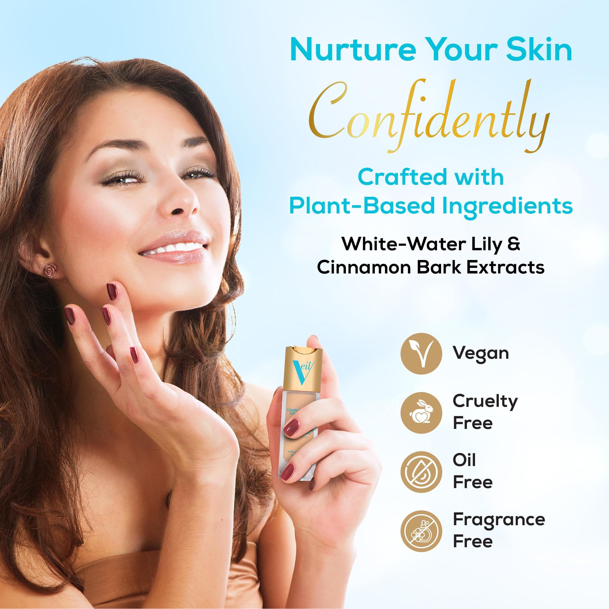 Veil Cosmetics Complexion Fix close-up on applying foundation for natural finish.