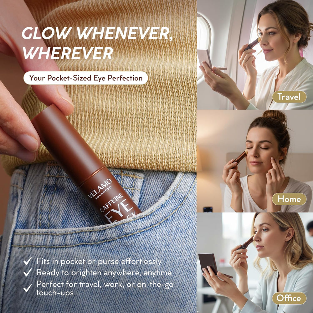 VELAMO ADVANCED caffeine eye stick travel-friendly, on-the-go morning routine