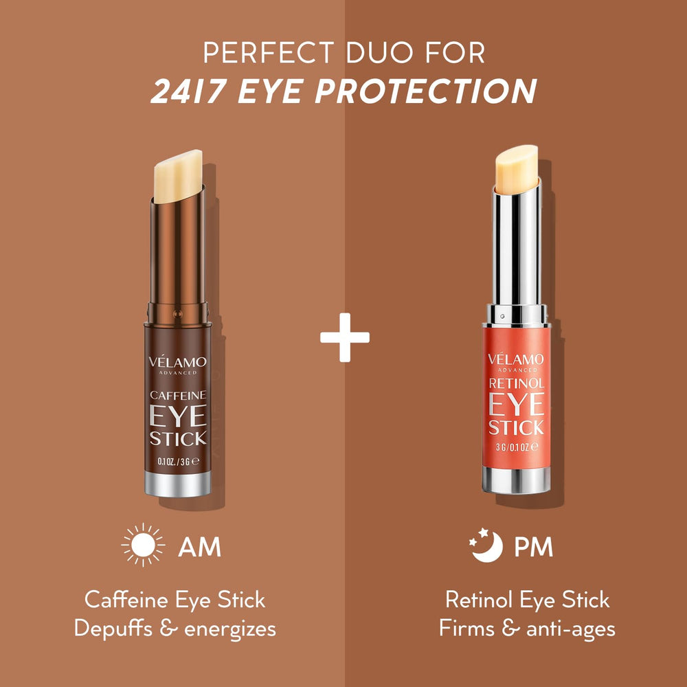 VELAMO ADVANCED caffeine eye stick travel-size packaging for planes