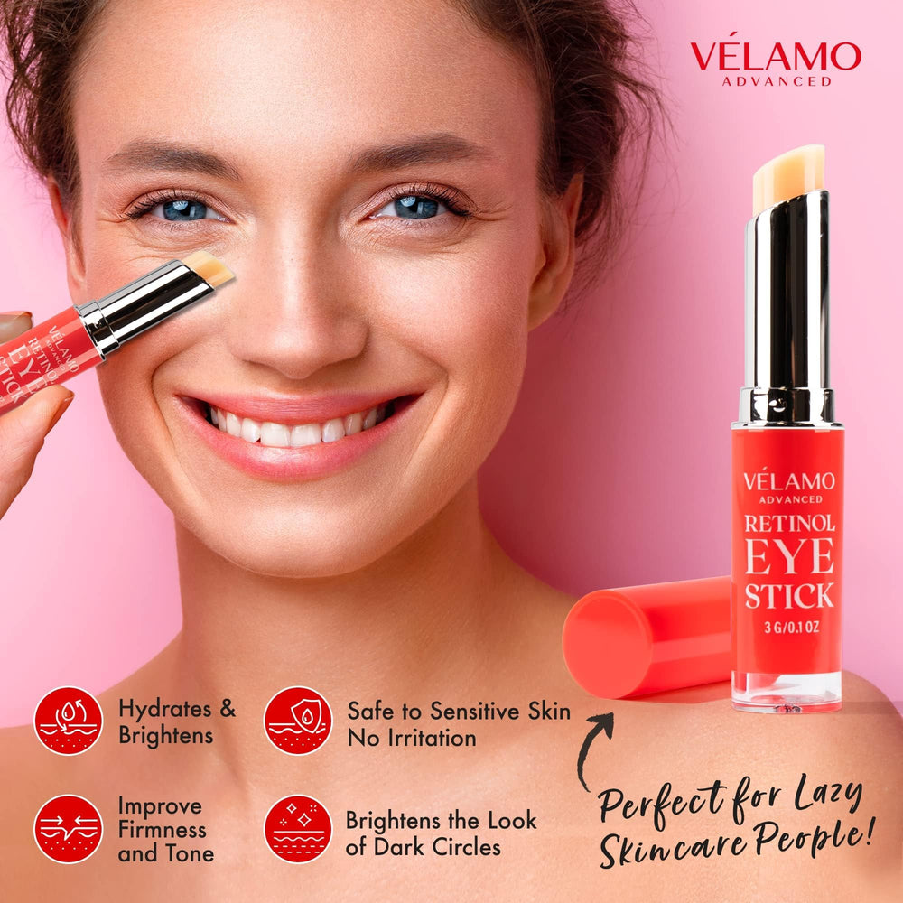 VELAMO ADVANCED day caffeine eye stick in use for refreshed lids and reduced puffiness.
