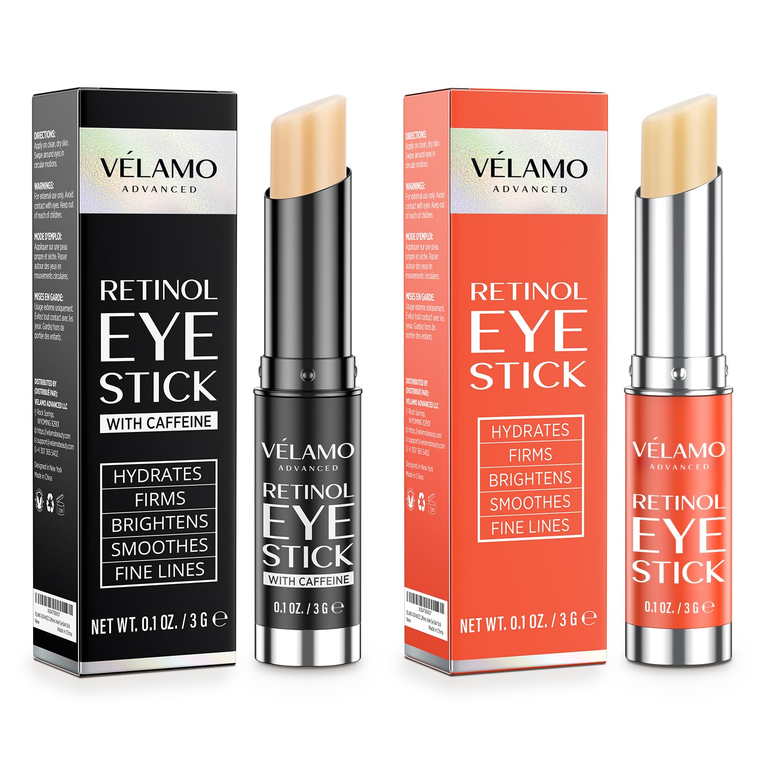 VELAMO ADVANCED retinol eye stick duo close-up showing dual applicators for brighter under-eye.