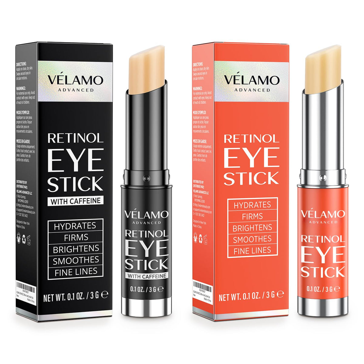 VELAMO ADVANCED retinol eye stick duo close-up showing dual applicators for brighter under-eye.