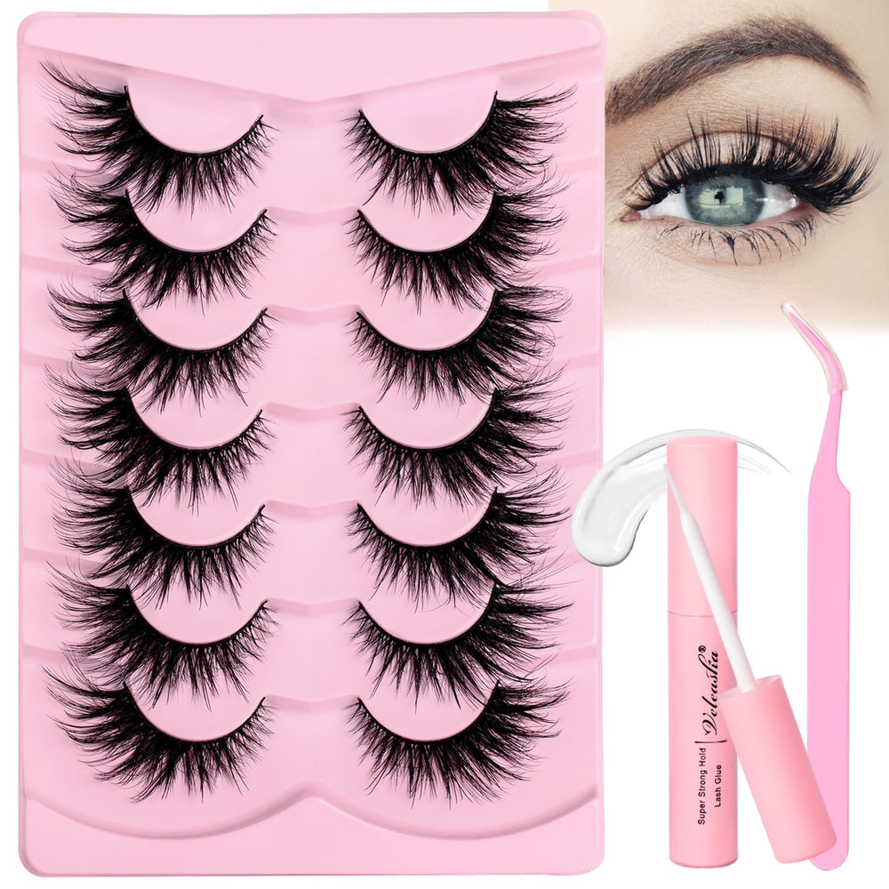 Veleasha cat-eye lashes kit with glue and tweezers for precise, mess-free application.