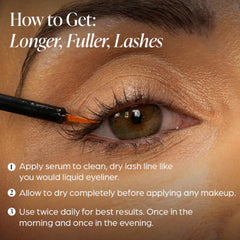 Vellora Lash Growth Serum bottle beside its label for easy identification and trust.