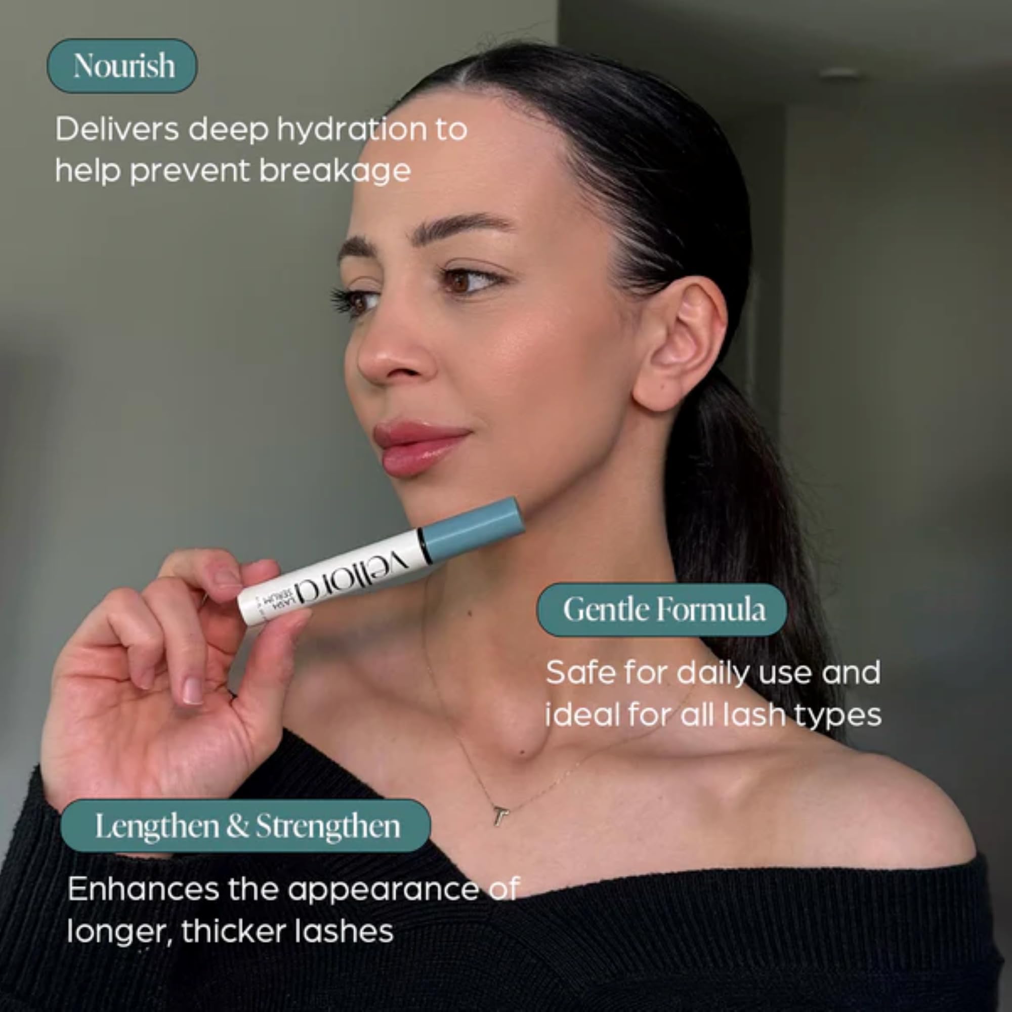 Vellora Lash Growth Serum ingredients visuals showing nourishing botanicals and peptides.