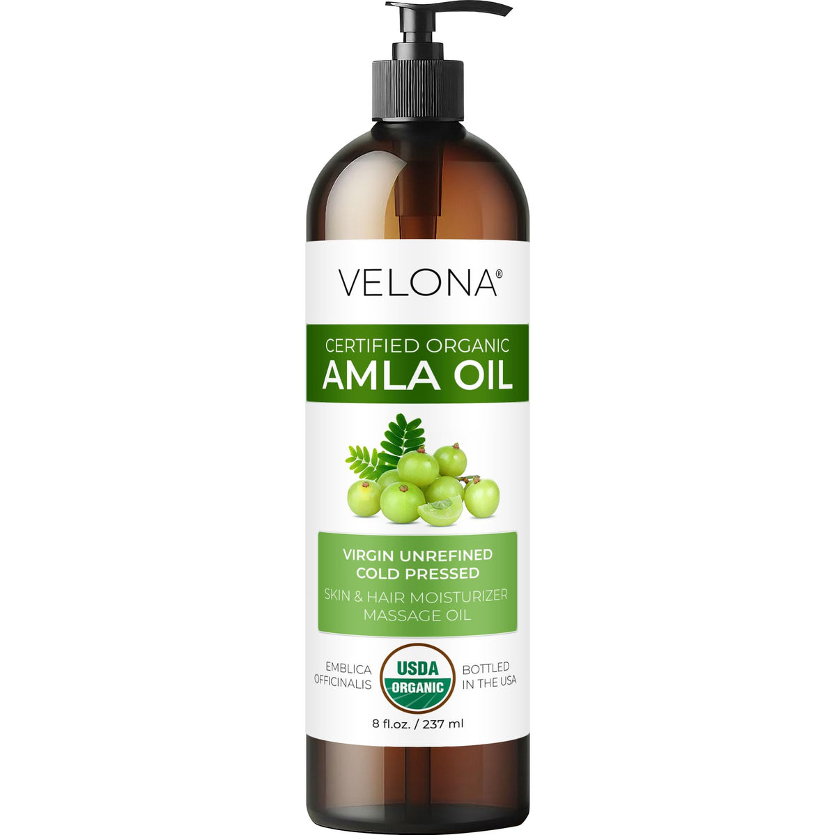 Velona Amla Oil bottle shows pure organic formula for deep hydration.