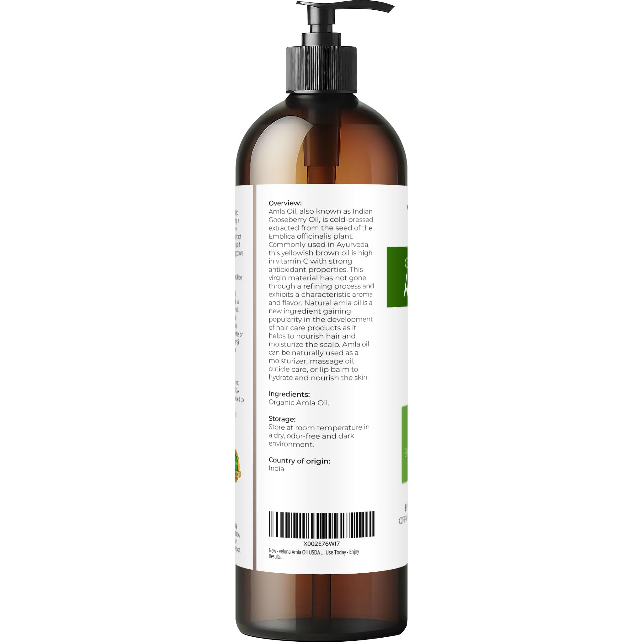 Velona Amla Oil label highlights USDA organic, fragrance-free purity.