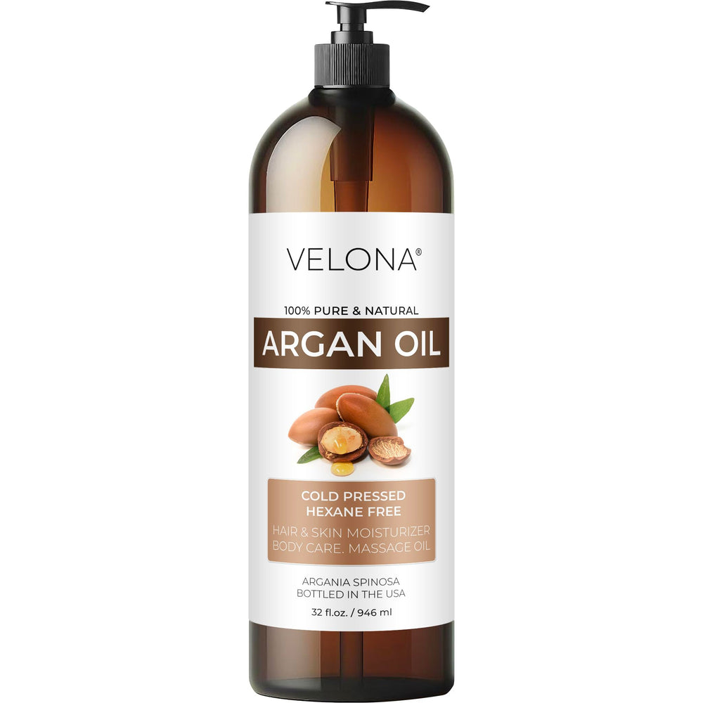 Velona Argan Oil 32oz bottle for skin and hair care, unrefined and cold-pressed.