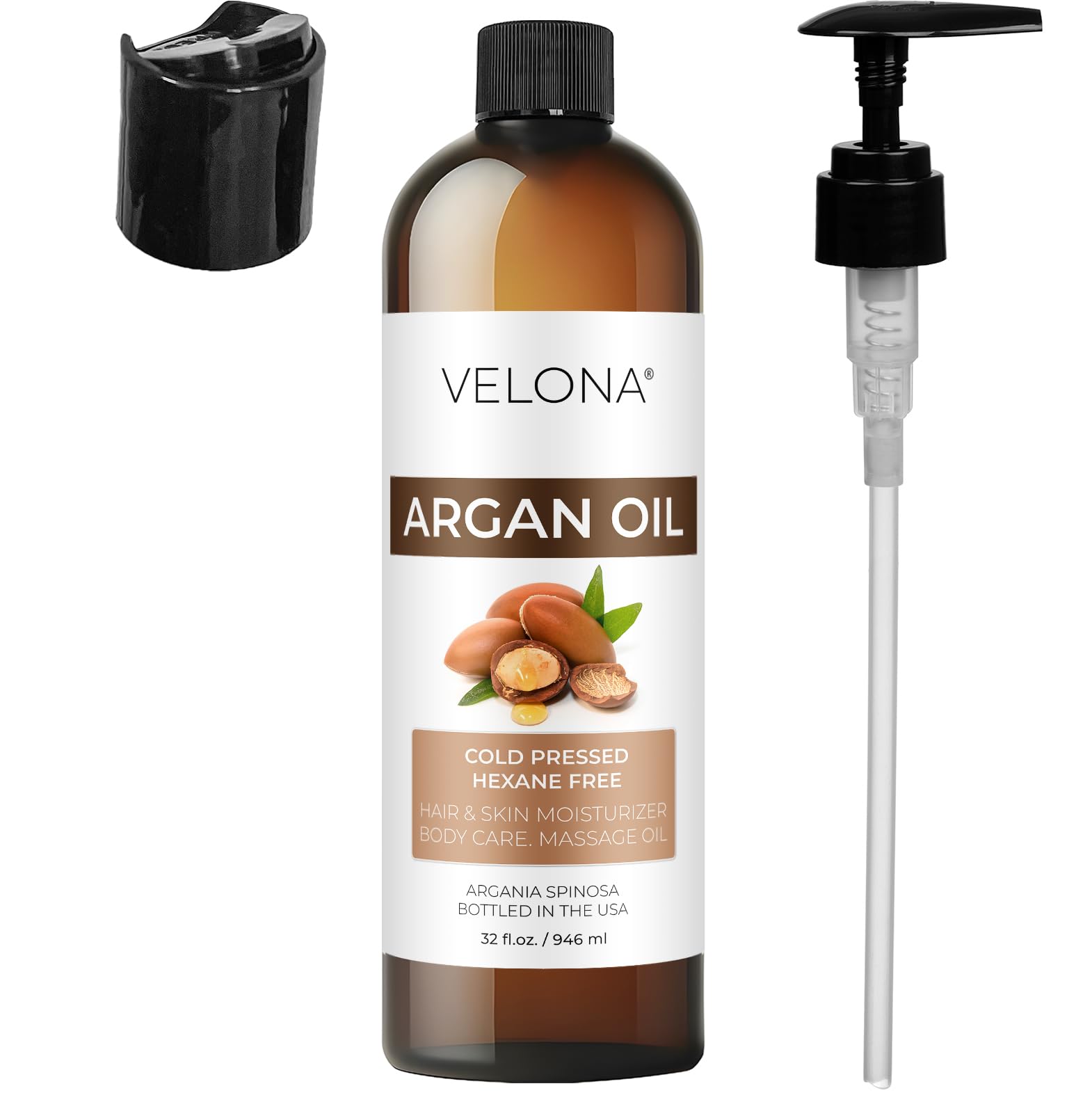 Velona Argan Oil bottle, USA bottled for quality control.