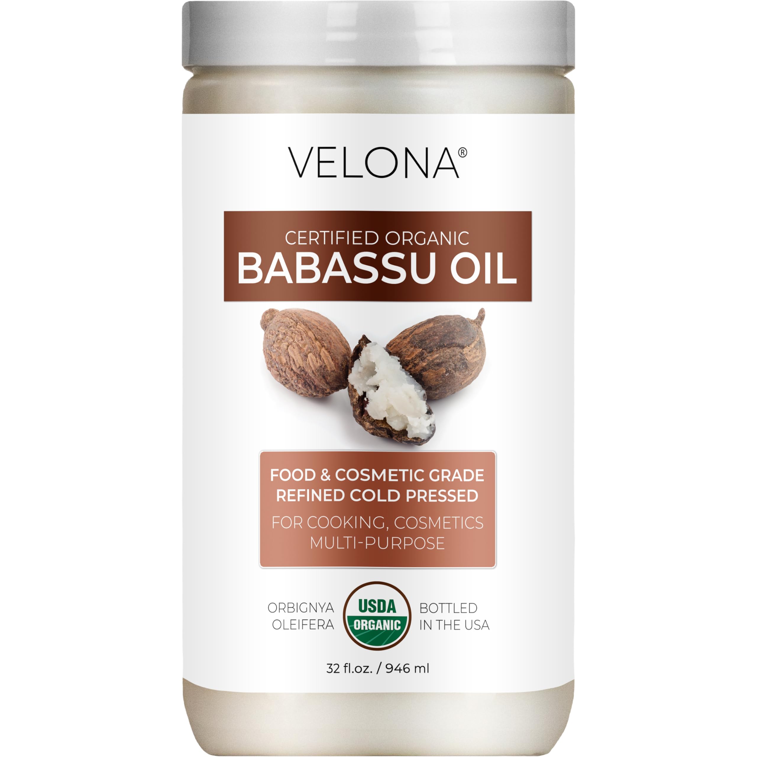 Velona Babassu Oil bottle front with label, clean and pure.