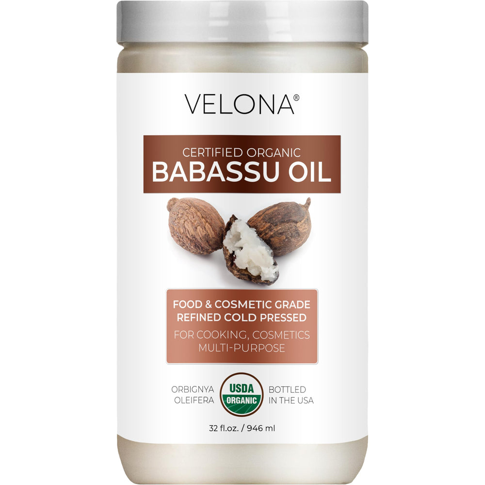 Velona Babassu Oil bottle front with label, clean and pure.