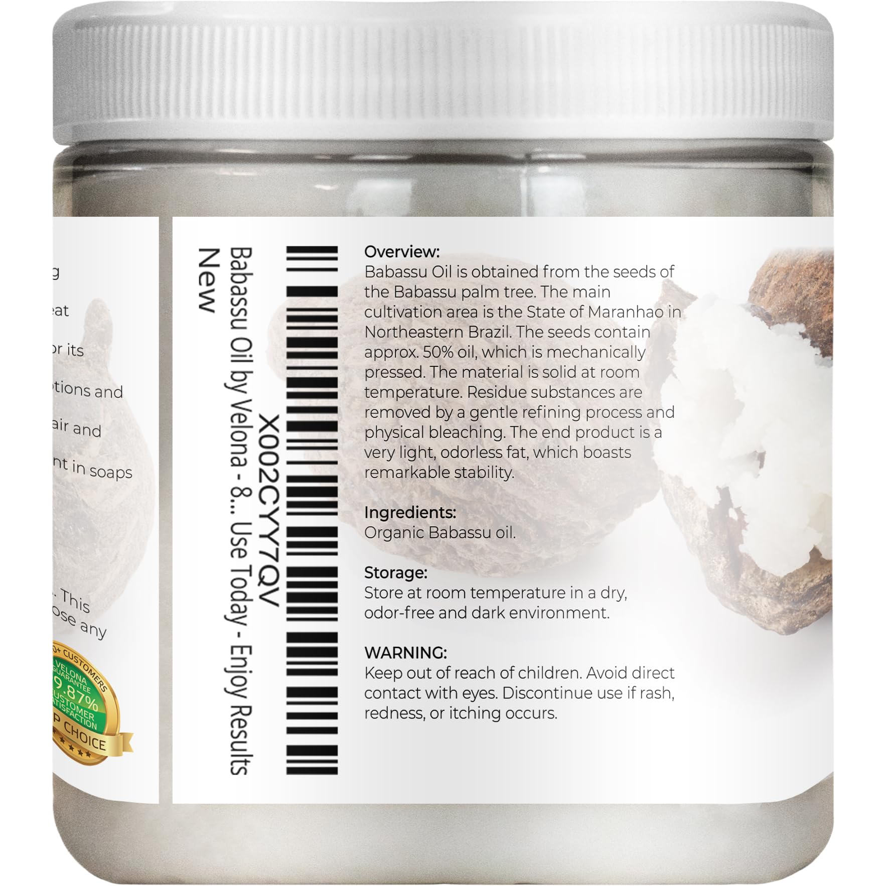 Velona Babassu Oil label detail confirms USDA Organic and cold-pressed quality