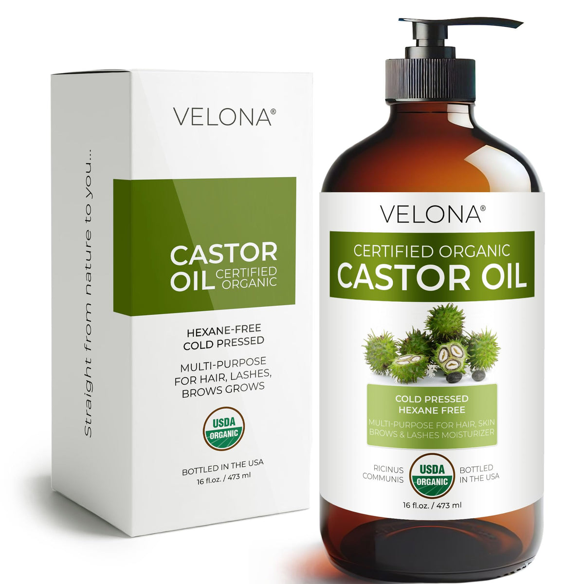 Velona castor oil glass bottle front highlights pure oil for daily hair and skin care.