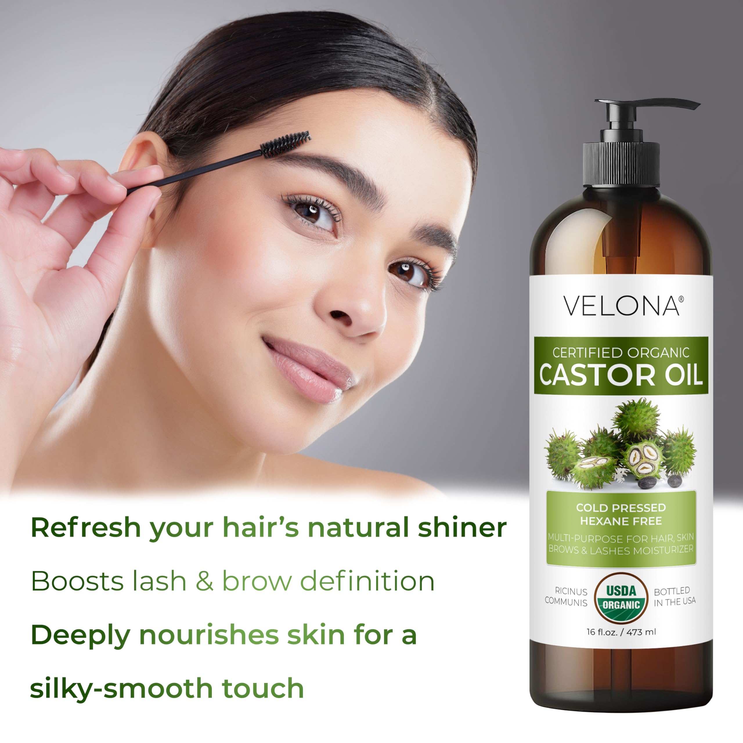 Velona castor oil supports lash and brow conditioning for a fuller look.