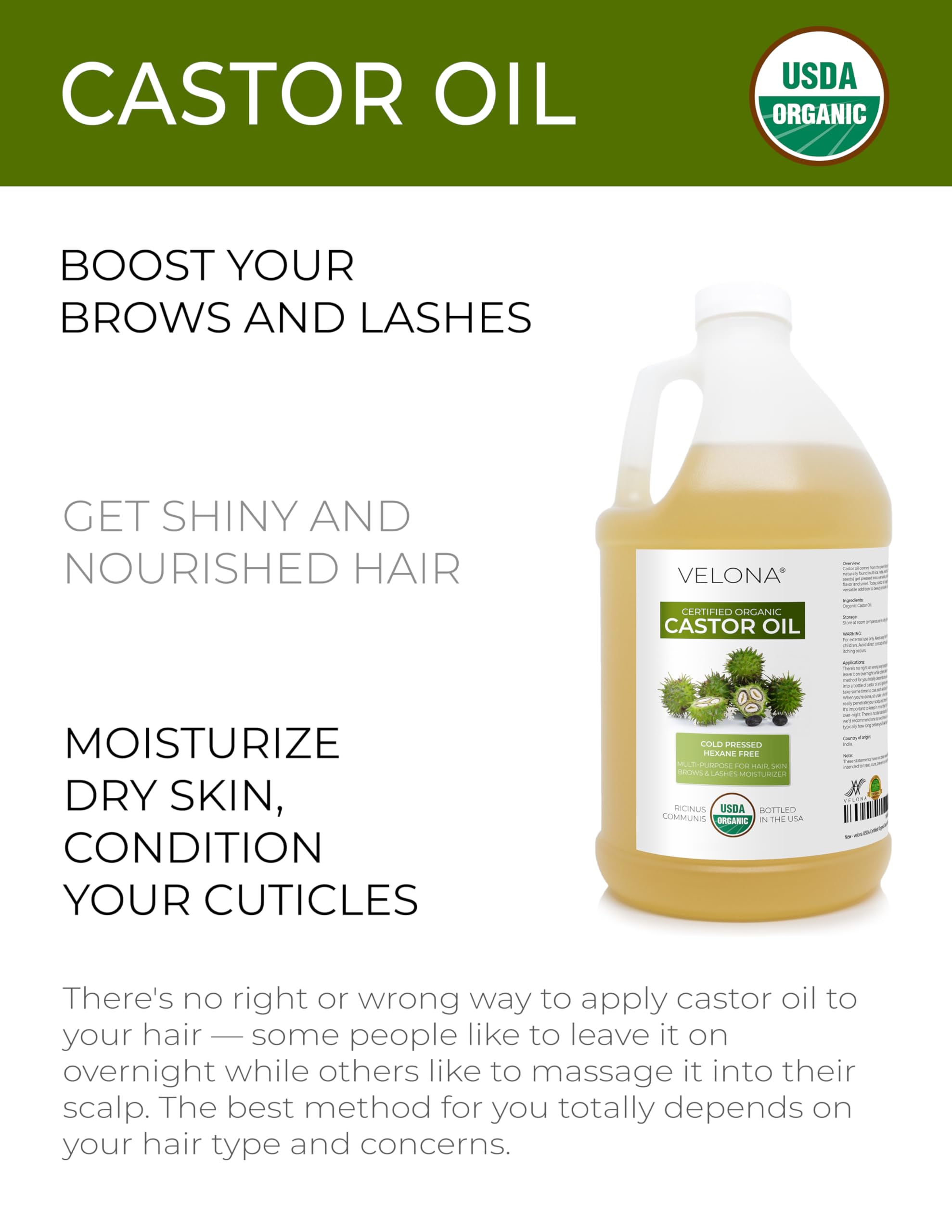 Velona castor oil label highlights organic, hexane-free formula.
