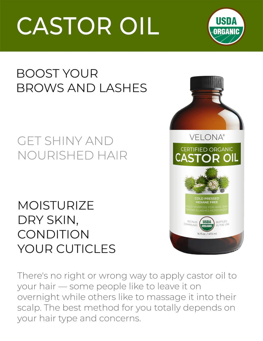 Velona castor oil liquid texture closeup shows rich, thick oil ideal for conditioning.