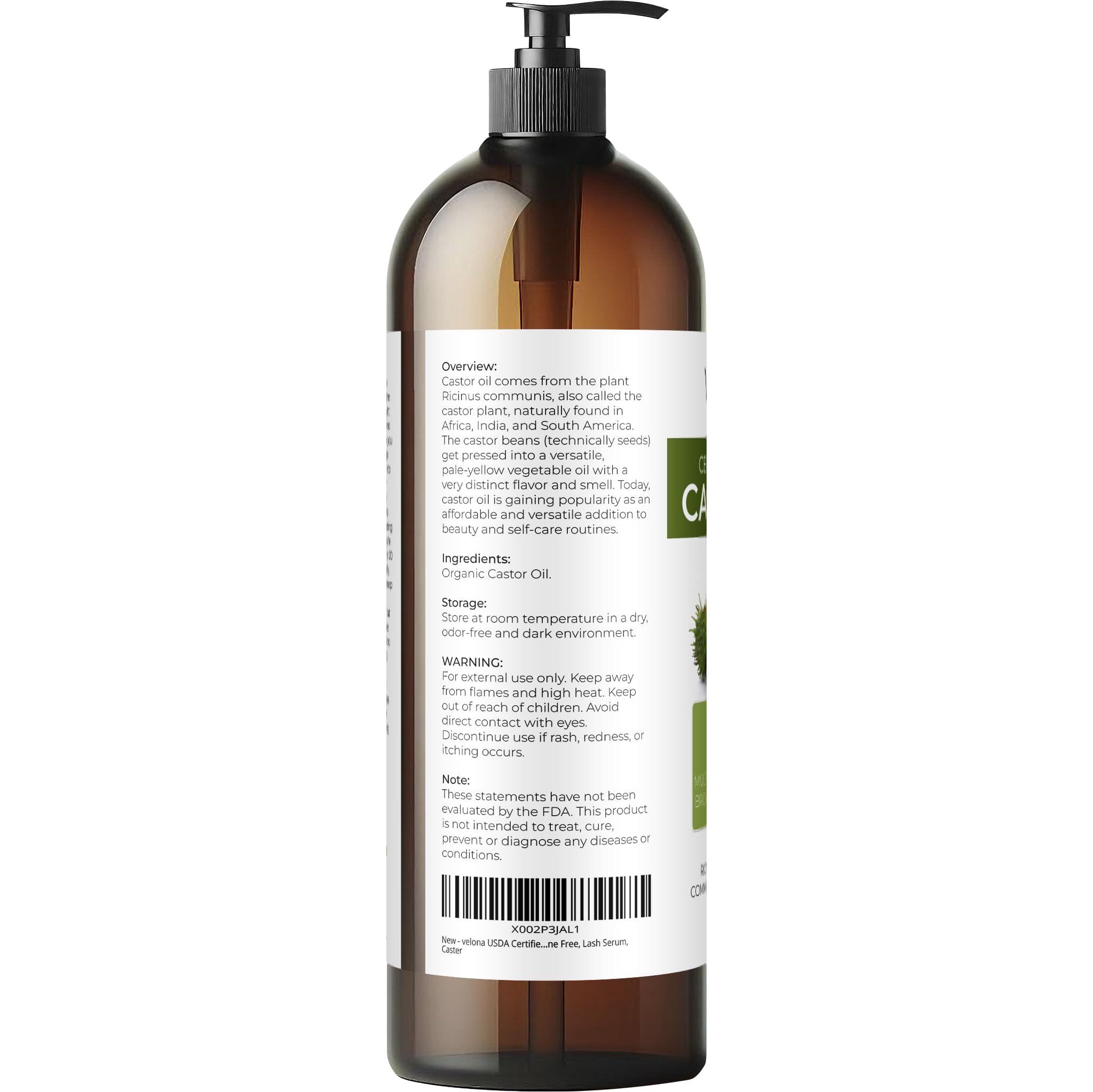 Cold-pressed Velona castor oil for scalp hydration and shine.