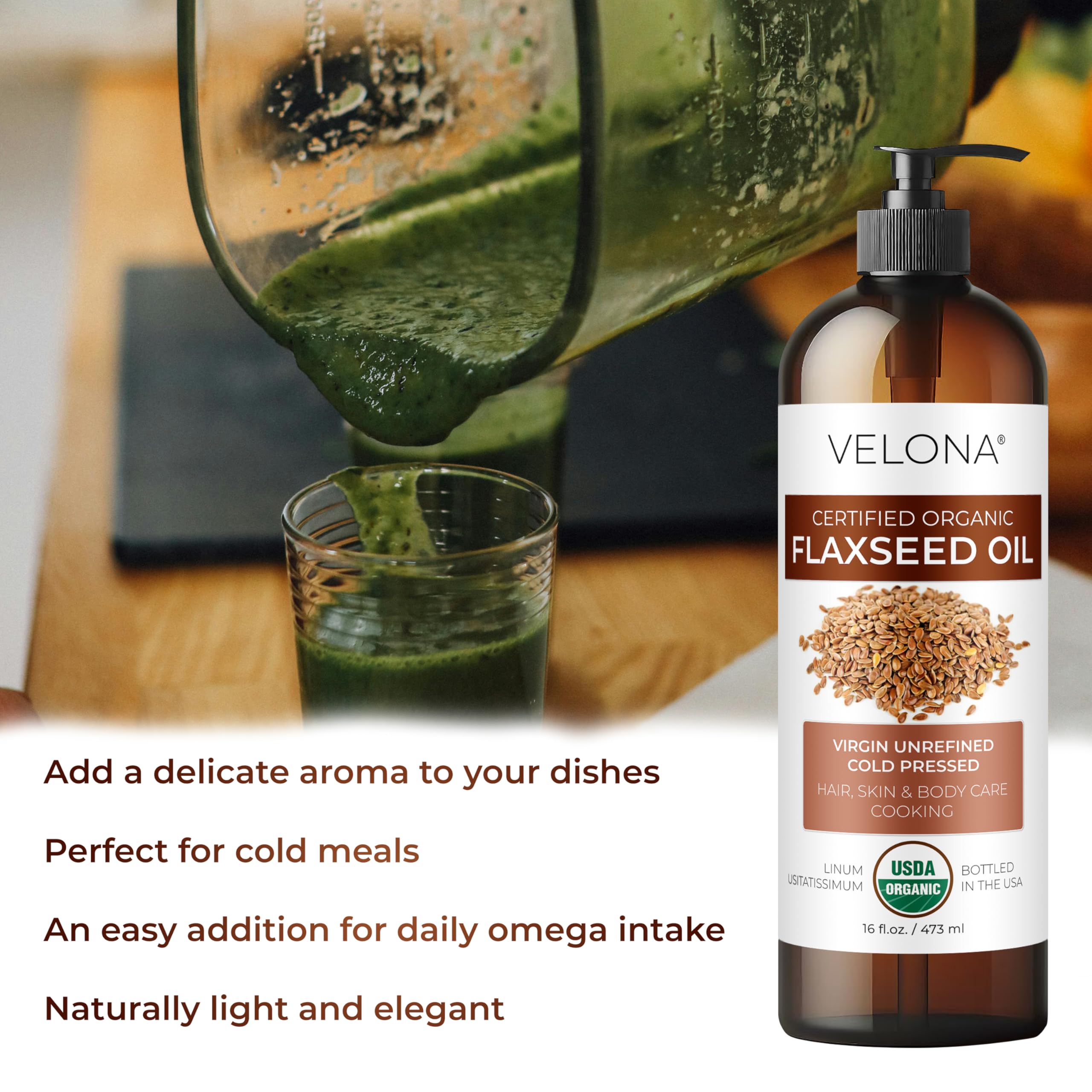 Velona flaxseed oil label, USA bottled, organic and chemical-free.