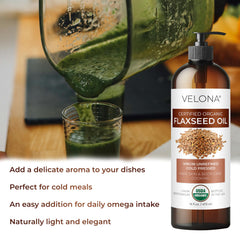 Velona flaxseed oil label, USA bottled, organic and chemical-free.