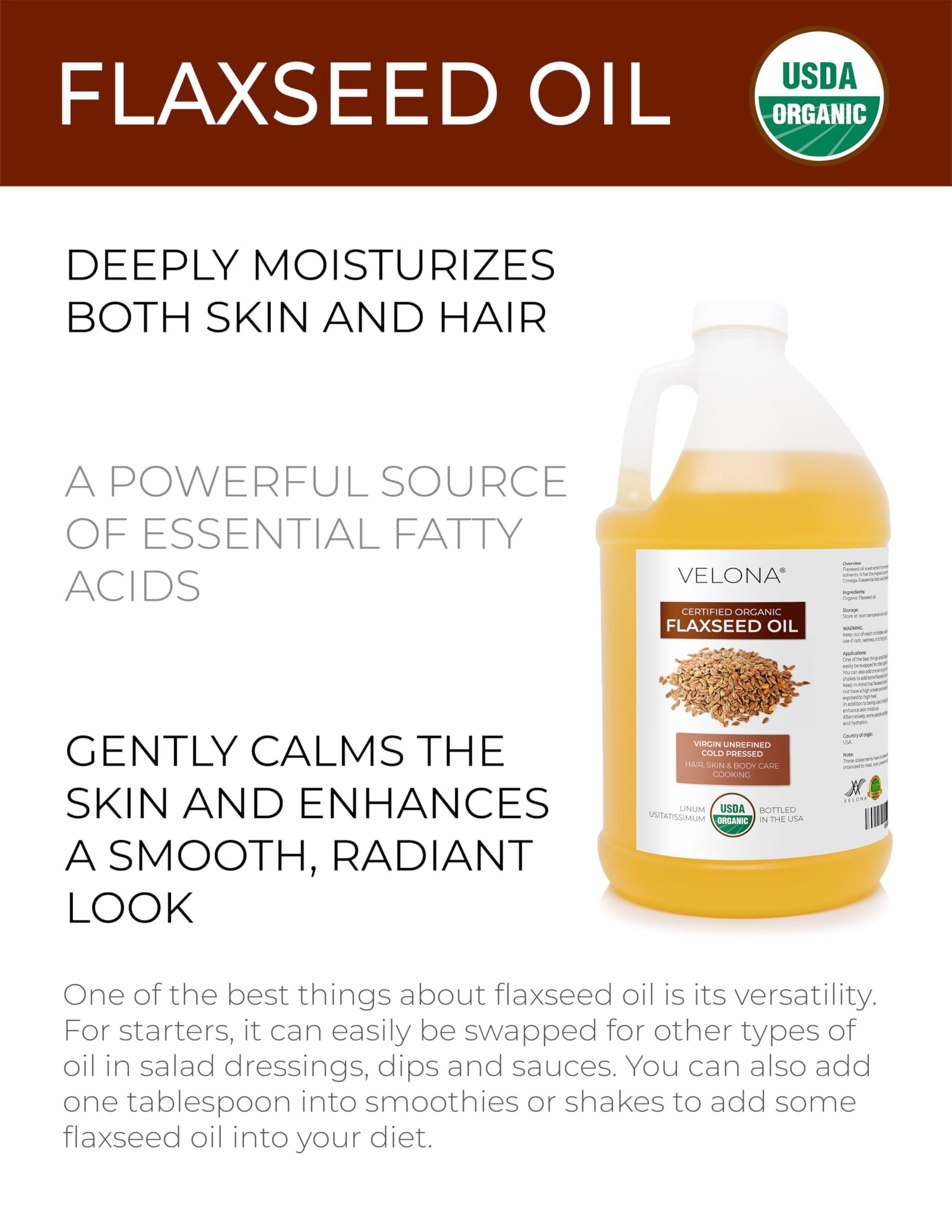 Velona flaxseed oil pour spout showing lightweight moisture for hair and skin.