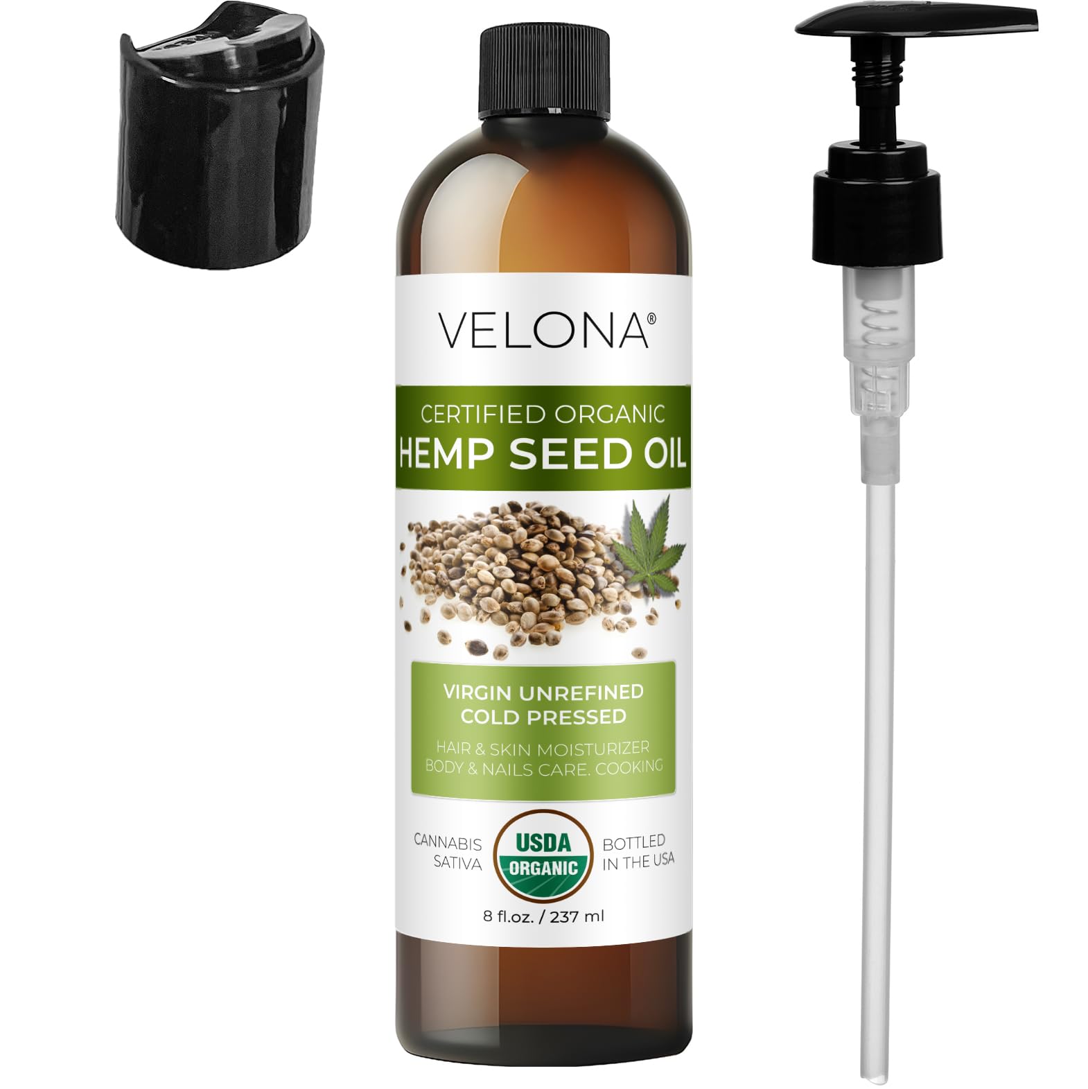 USA-made Velona hemp seed oil bottle ready for daily body and hair care