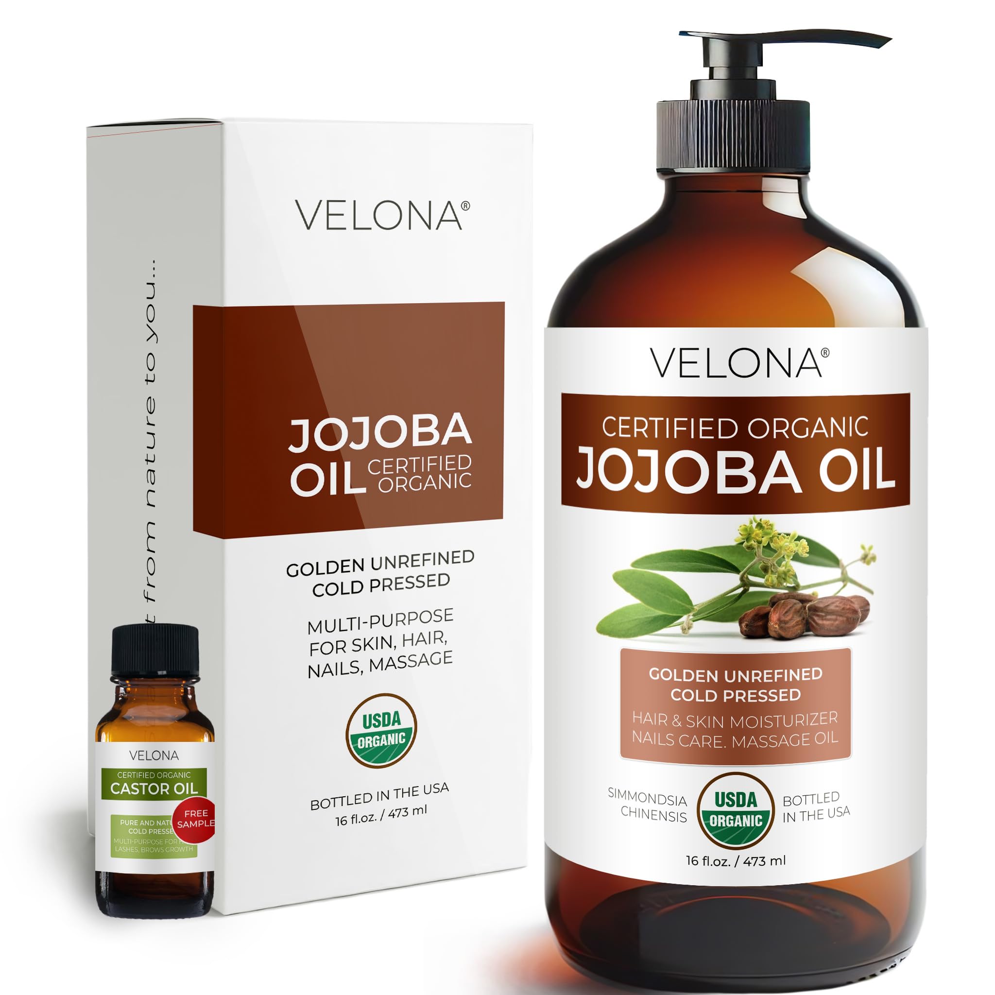 Velona Jojoba Oil 16oz glass bottle for daily hydration and easy application.
