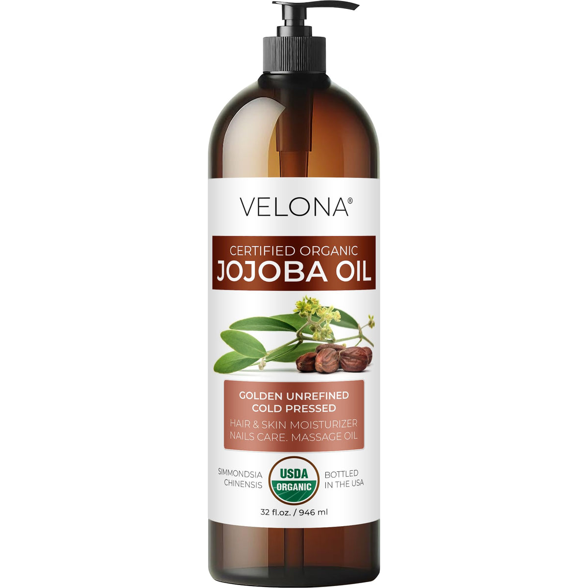 Velona Jojoba Oil 32 oz bottle with pump for skin, hair, and nails.