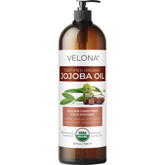 Velona Jojoba Oil 32 oz bottle with pump for skin, hair, and nails.