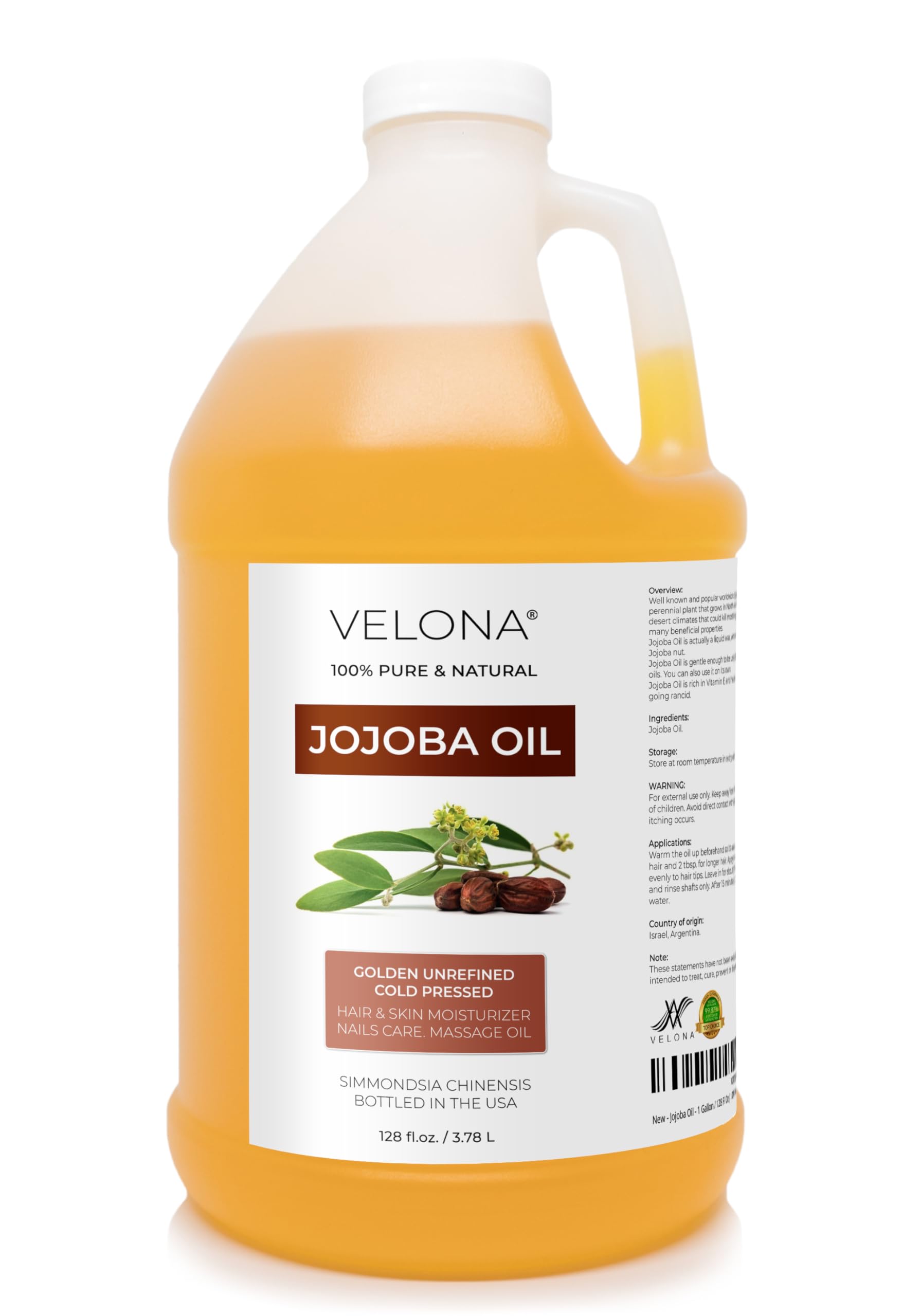 Velona Jojoba Oil bottle 1 gallon showcasing pure, natural oil for face and body care.