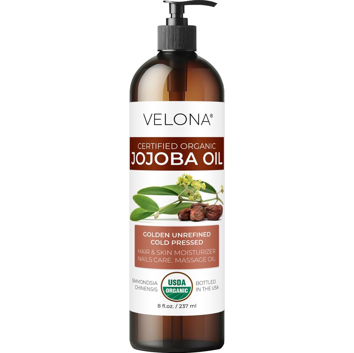 Velona Jojoba Oil bottle with pump for daily facial hydration and body care