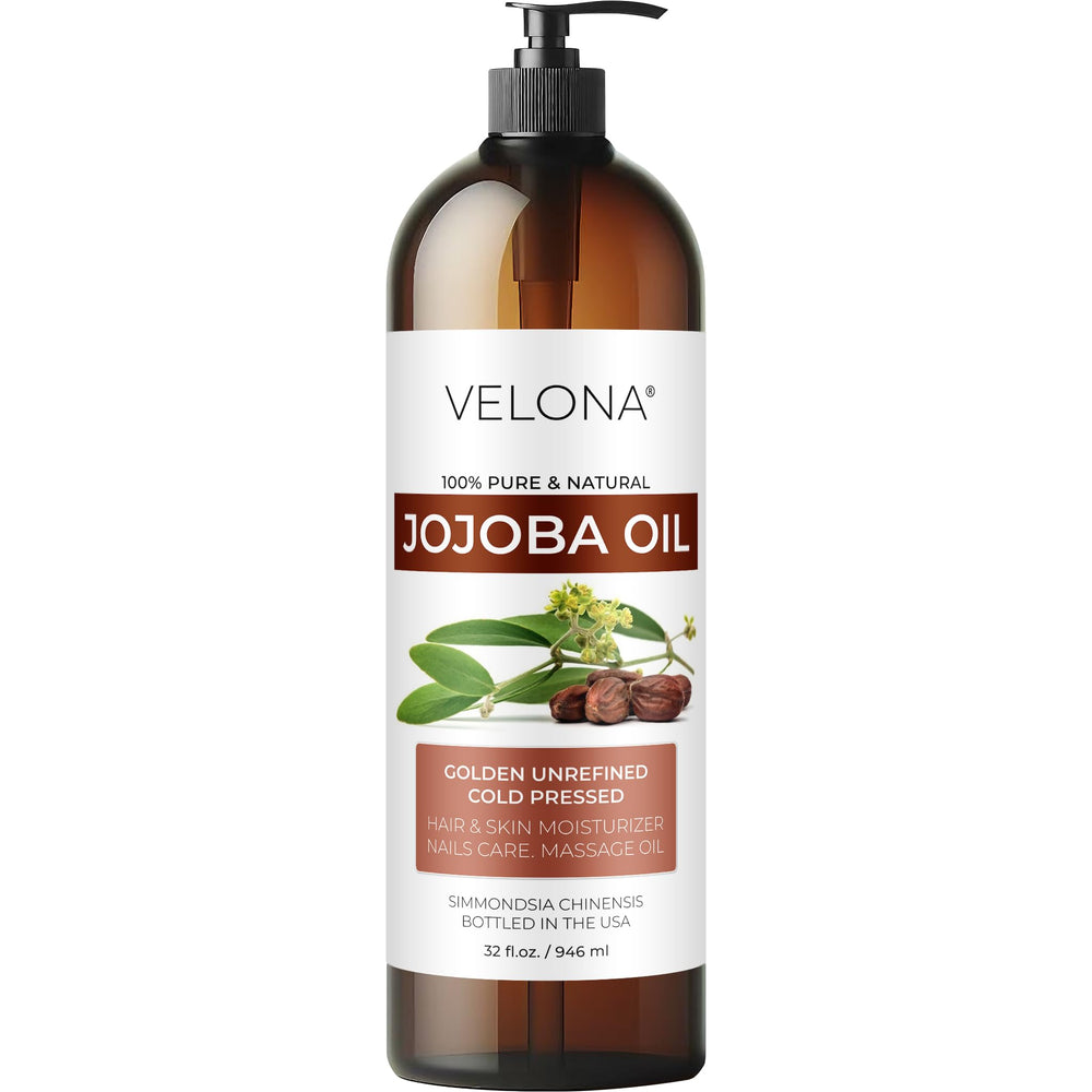 Velona Jojoba Oil bottle with pump for easy daily moisturizing.