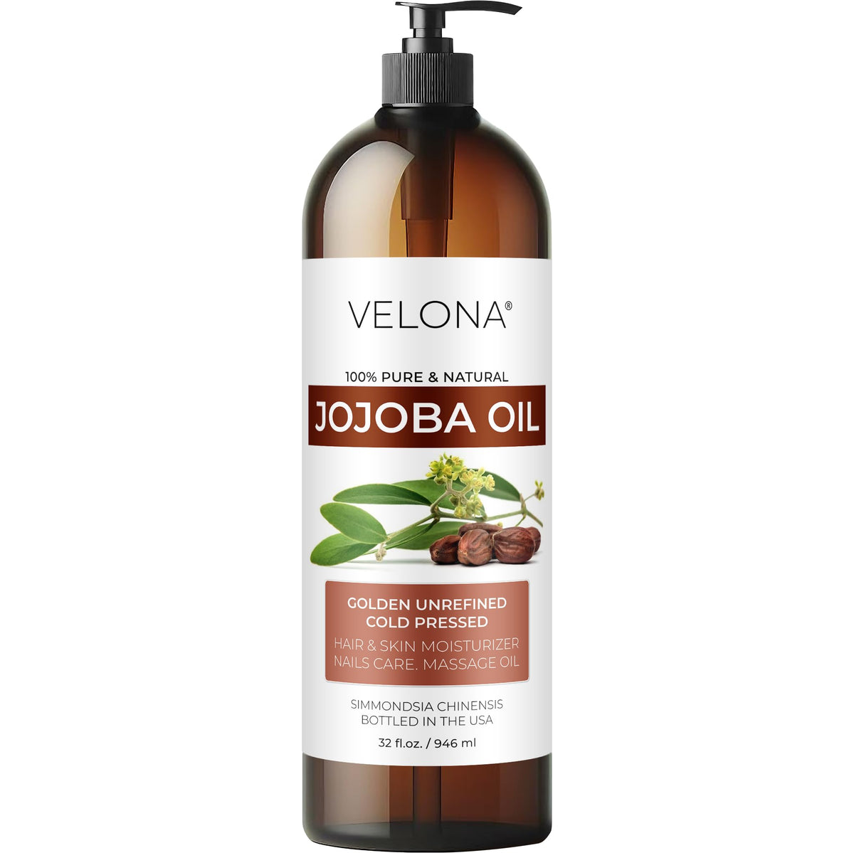 Velona Jojoba Oil bottle with pump for easy daily moisturizing.