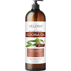 Velona Jojoba Oil bottle with pump for easy daily moisturizing.