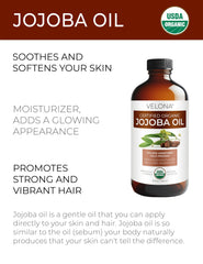 Velona Jojoba Oil golden liquid close-up for nourishing skin and hair.