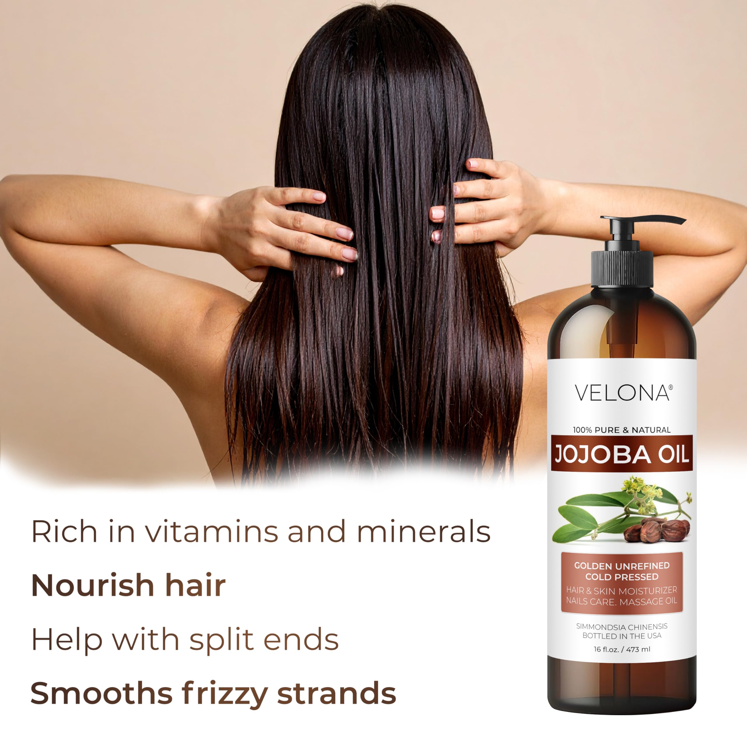 Velona Jojoba Oil hair shine close-up showing soft, manageable strands.