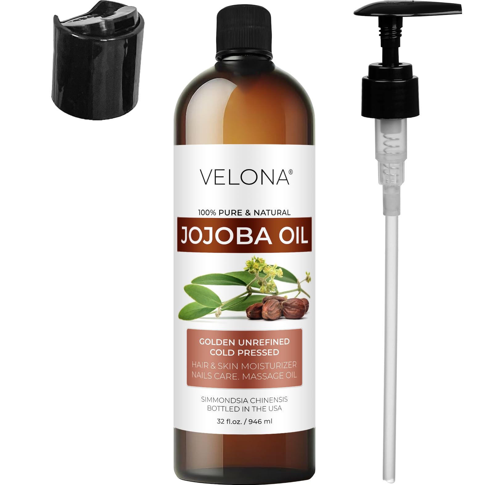 Velona Jojoba Oil made in USA label emphasizes quality and trust.