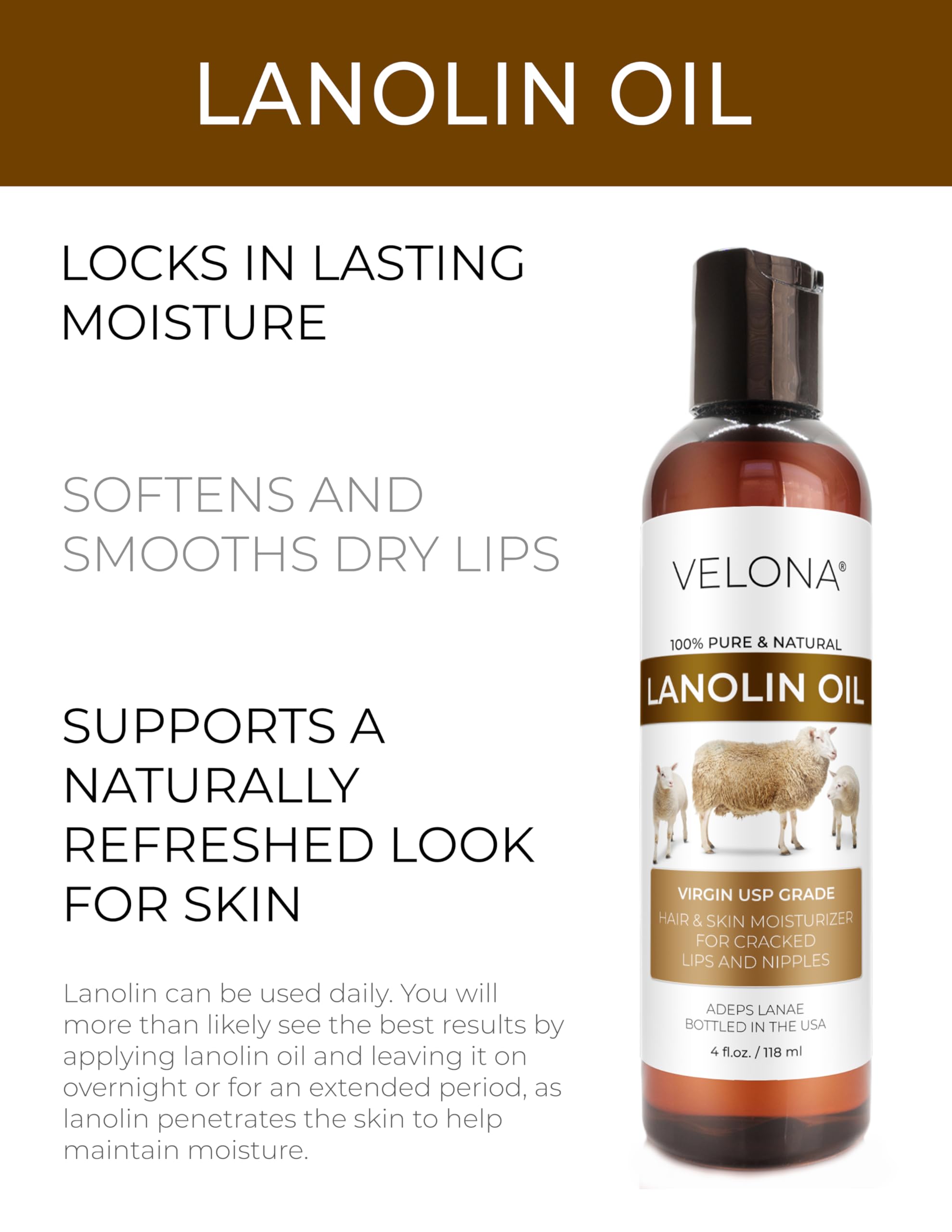 Velona Lanolin Oil pour close-up showcasing rich moisture for hair