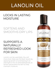 Velona Lanolin Oil pour close-up showcasing rich moisture for hair